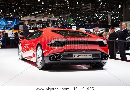 GENEVA, SWITZERLAND - MARCH 1: Geneva Motor Show on March 1, 2016 in Geneva, Lamborghini Huracan, rear-side view