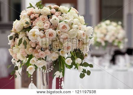 Beautiful flowers on table in wedding day. Luxury holiday background.