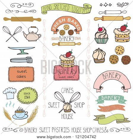 Bakery cakes Labels elements.Doodle logo template