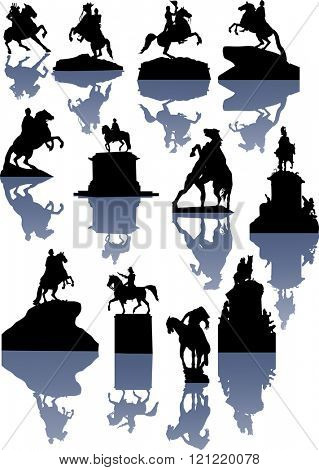 illustration with set of horseman statues isolated on white background
