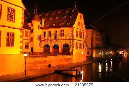 Old town, water chanel and streets in Strasbourg at night, France  Illustration; watercolor; acrylic