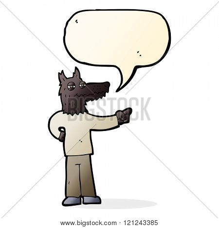 cartoon pointing wolf man with speech bubble