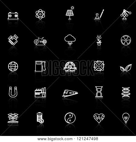 Renewable energy line icons with reflect on black stock vector