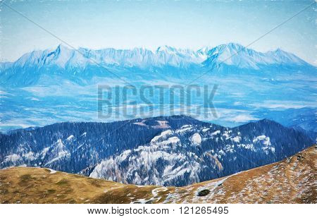 View Of The High Tatras From The Low Tatras, Travelling Theme, Illustration With Colored Pencils