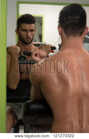 Young Man Doing Exercise For Biceps With Machine
