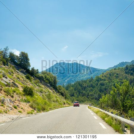 Nissan Micra car on background of French mountain nature landsca