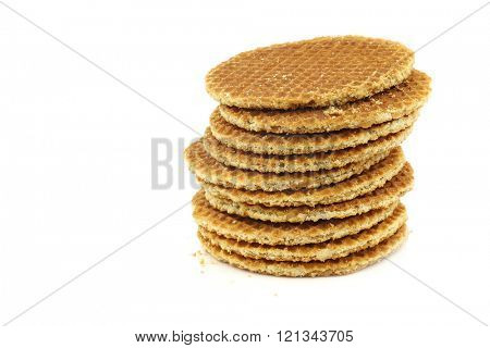 stacked Dutch waffles called a stroopwafel on a white background