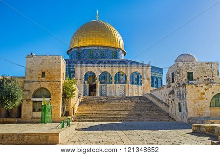 The staircase ending with the scenic stone colonnade leads to the Dome of the Rock Jerusalem Israel.
** Note: Visible grain at 100%, best at smaller sizes