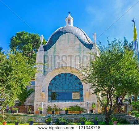 The modern Dominus Flevit Church located on the of the Mount of Olives and boasts the wonderful garden Jerusalem Israel.
