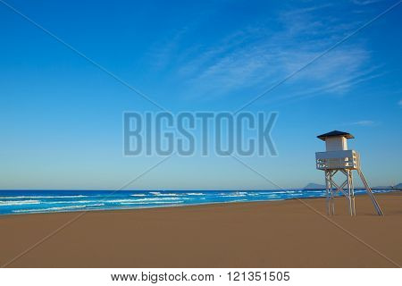 Gandia beach in Valencia of Mediterranean Spain baywatch tower
