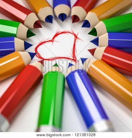 colorful pencils and a heart