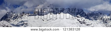 Panoramic View On Mounts Ushba And Chatyn In Haze At Sunny Day