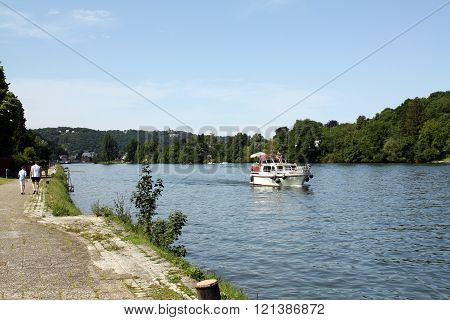 Namur. June-09-2014. Boar sails on the Meuse at Namur. Belgium Ardennes