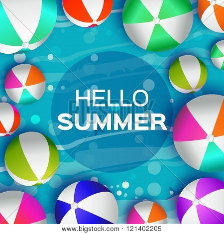 Realistic Colorful Beach Balls - Rubber or Plastic Material. Background with Hello Summer Title and Circle Frame in center. Vector Illustration