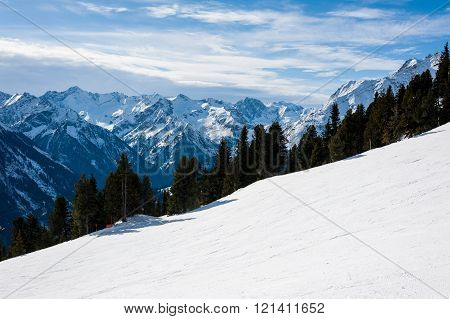 View of ski slopes on the mountains in the winter