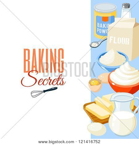 Background with cartoon food: baking ingredients - flour, eggs, butter, salt, whipped cream, milk. V