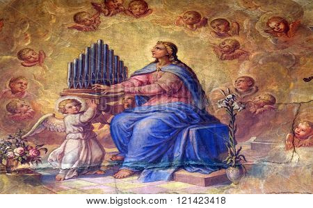 ZAGREB, CROATIA - SEPTEMBER 14: Saint Cecilia, fresco in the Basilica of the Sacred Heart of Jesus in Zagreb, Croatia on September 14, 2015.