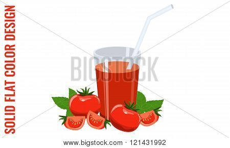 Glass of tomato juice, tomatoes and basil. Vector flat colors