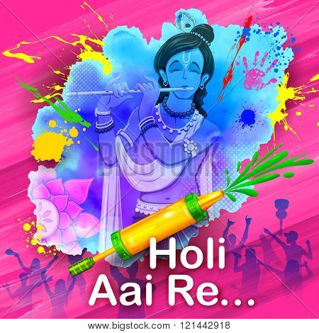 illustration of Lord Krishna playing flute with message Holi Aai Re meaning Holi has arrived