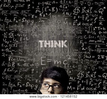 Think. Half Face Genius Boy Thinking Wearing Glasses Chalkboard