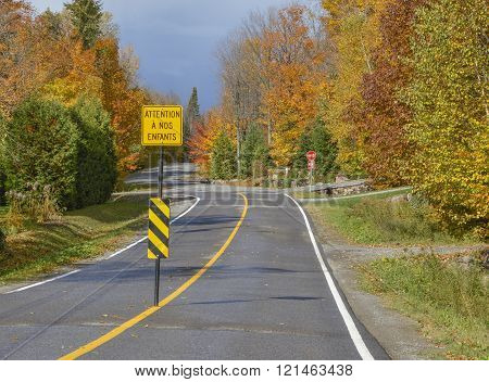 Sign in the middle of the road to slow down traffic on a country road