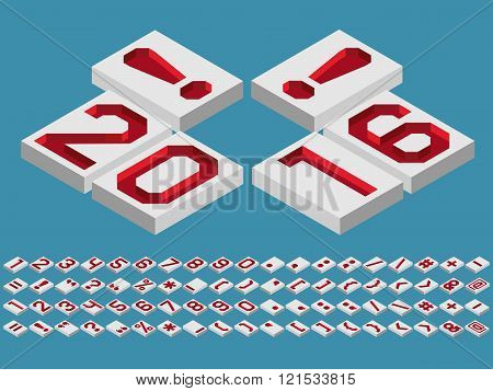Isometric alphabet vector font. Three-Dimensional stock vector. Engraved numbers and punctuation marks a perspective view from above.