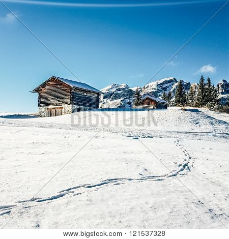 Skiing Dolomites winter cabin traditional alpine life