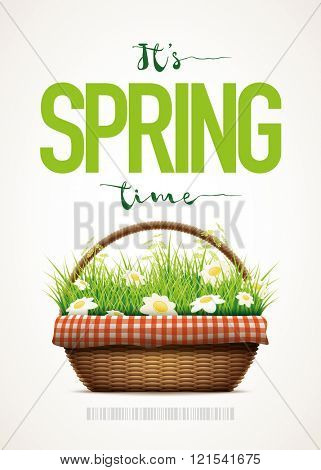 Spring themed poster template. Vector illustration of realistic wicker basket. Grass and daisy flowers in wicker basket. Elements are layered separately in vector file.