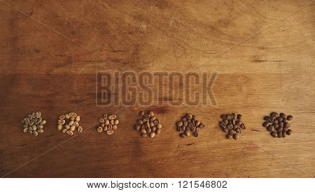 Preparing fresh roast coffee beans to brew with top view of seven different grades of roasting beans