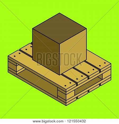 Closed carton delivery packaging box on wooden pallet, isolated on chartreuse background, vector illustration