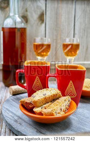 Dessert Sweet Liqueur Wine, Two Cups With Espresso Coffee And Amandel Cantuccini