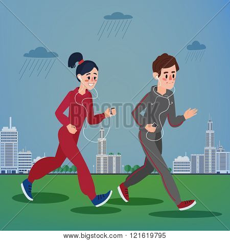 Man And Woman With Headphones Running In The Megapolis Under Rain