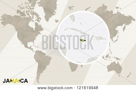 Zoom On Jamaica Map And Flag. World Map.