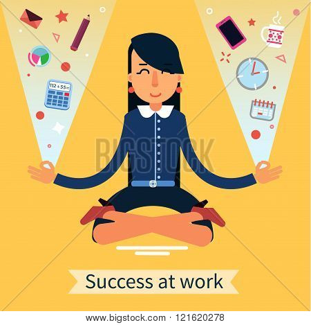 Businesswoman In Yoga Pose Searching The Balance At Multitasking Work