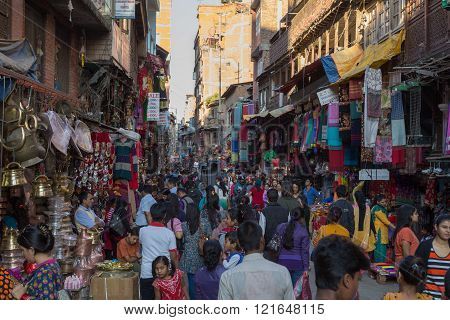 Kathmandu, Nepal - October 16, 2014: Busy shopping street in Thamel district.