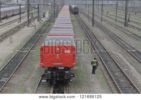 Bucharest Romania March 13 2016: DB Schenker freight train is seen the switch yard of Gara de Nord main railway station.