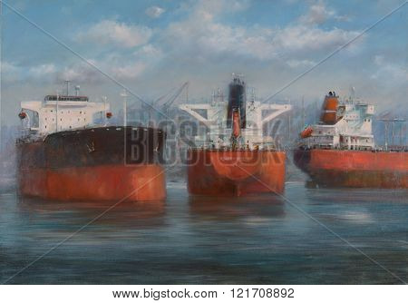Tanker ships, classic handmade oil painting on canvas