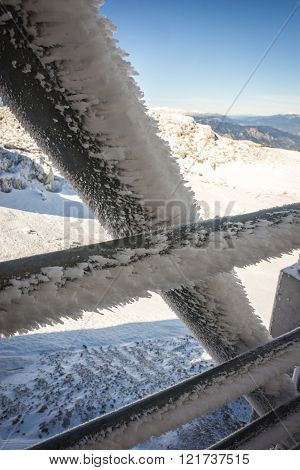 Snow build-up on metal parts on Mount Parnassos, central Greece