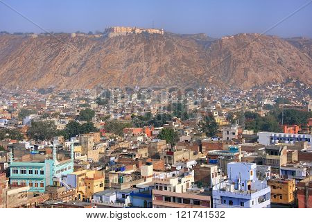 View Of Nahargarh Fort And Jaipur City Below In Rajasthan, India