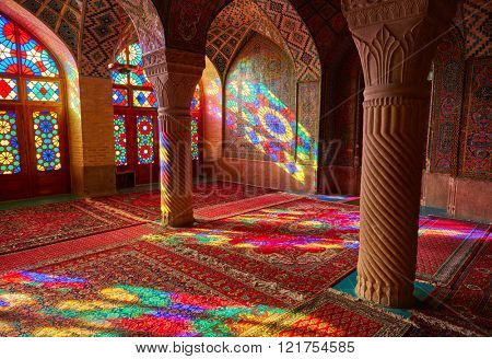SHIRAZ, IRAN - March 01, 2016: Nasir Al-Mulk Mosque in Shiraz, Iran. Pink Mosque