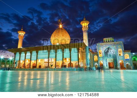 SHIRAZ, IRAN - March 01, 2016: Shah Cheragh mosque after sunset. Shiraz, Iran