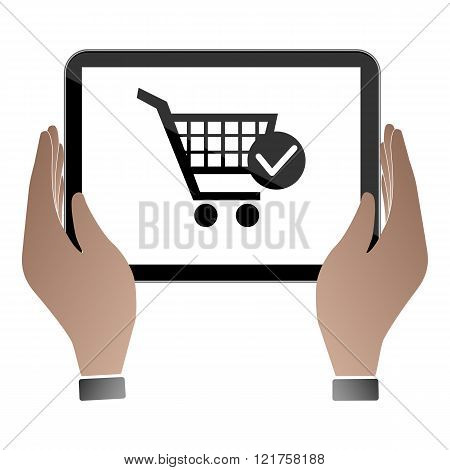 Hands hold and touch tablet PC
