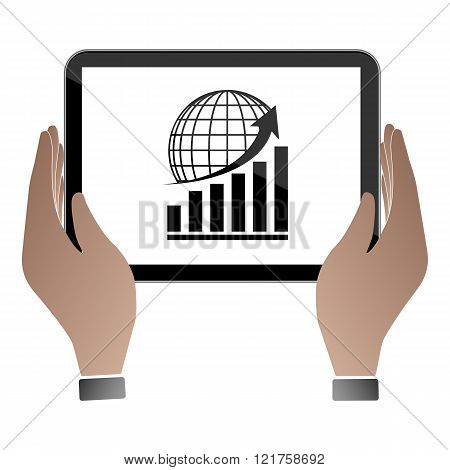 Hands hold and touch tablet PC
