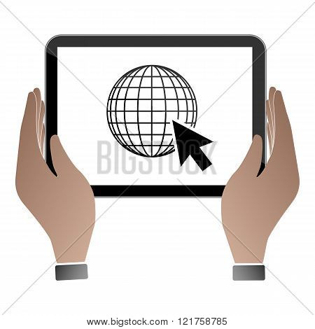 Hands hold and touch tablet PC