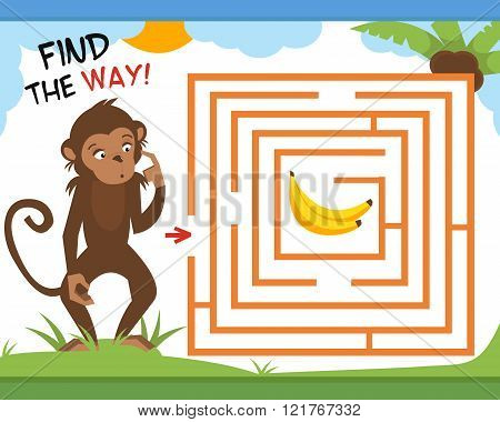 Vector maze game. Funny easy kids labyrinth. Help the monkey find the banana. Game for Preschool Children.