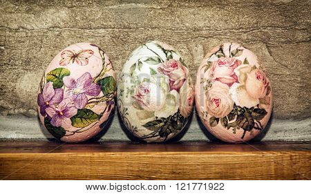Three Easter Eggs Stacked On The Wooden Base, Easter Holiday