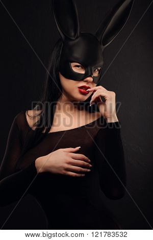 Sexy, Beautiful, Charming, Woamn In Black Rabbit Mask And Elegant Dress.