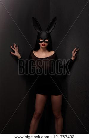 Sexy, Beautiful, Charming, Woamn In Black Rabbit Mask And Elegant Dress.