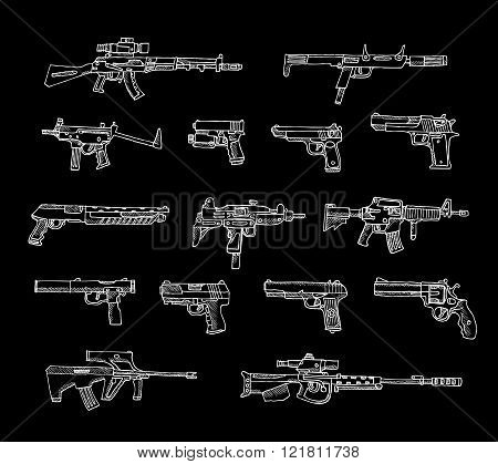 Set of weapons in vector isolated on a black background.