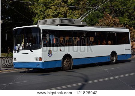 ROSTOV-ON-DON, RUSSIA - SEPTEMBER 28, 2015: Trolleybus on line 1 in an autumn day. There are 6 trolley bus lines in the city